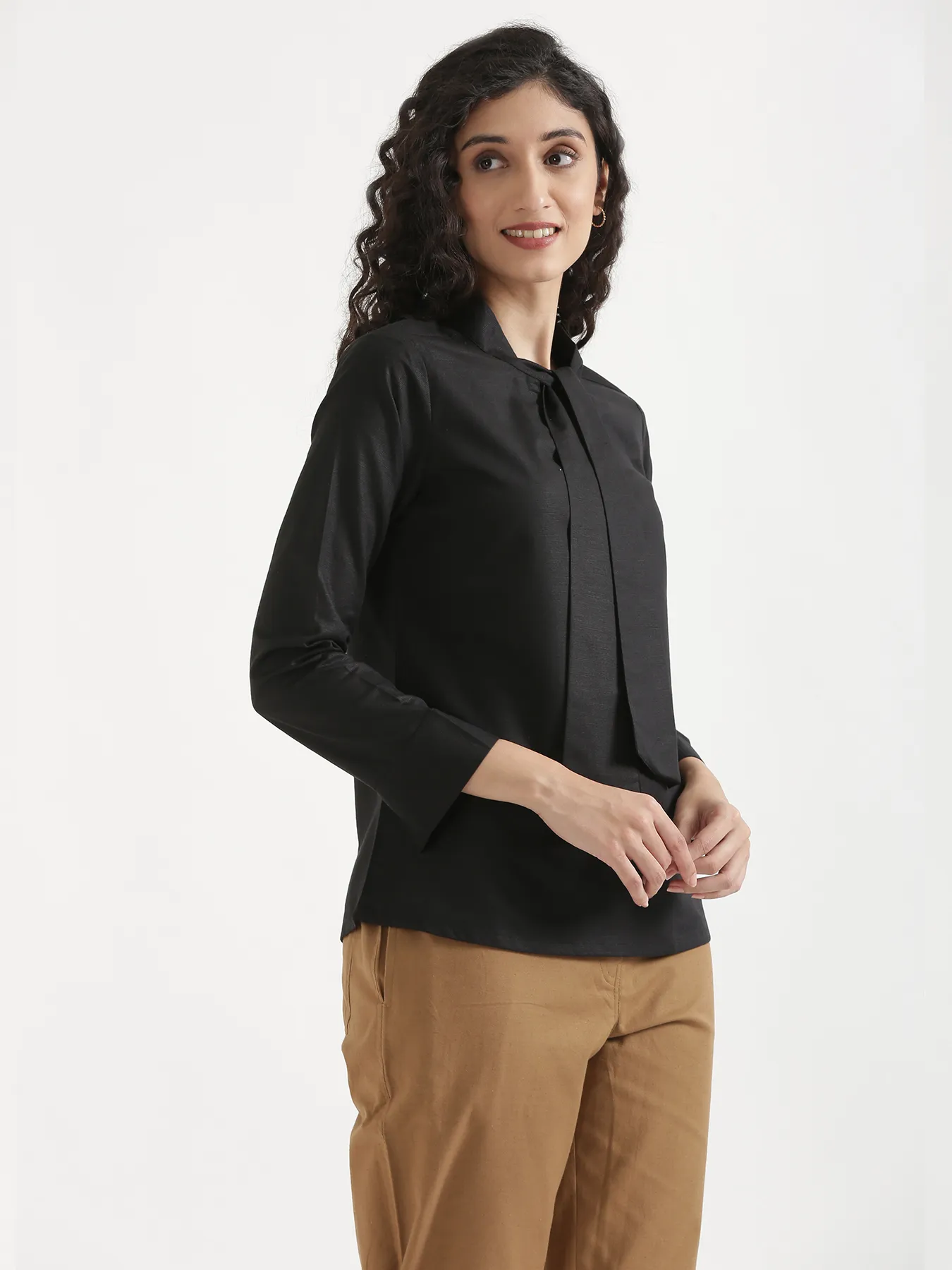 Women Black Linen Blend Knot Blouse - Image 11