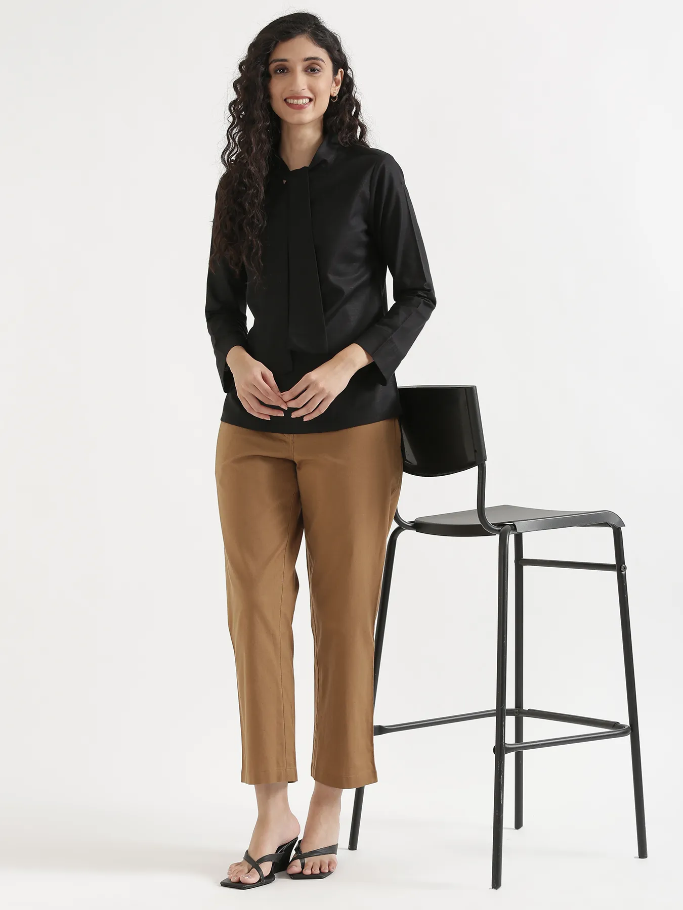 Women Black Linen Blend Knot Blouse - Image 12
