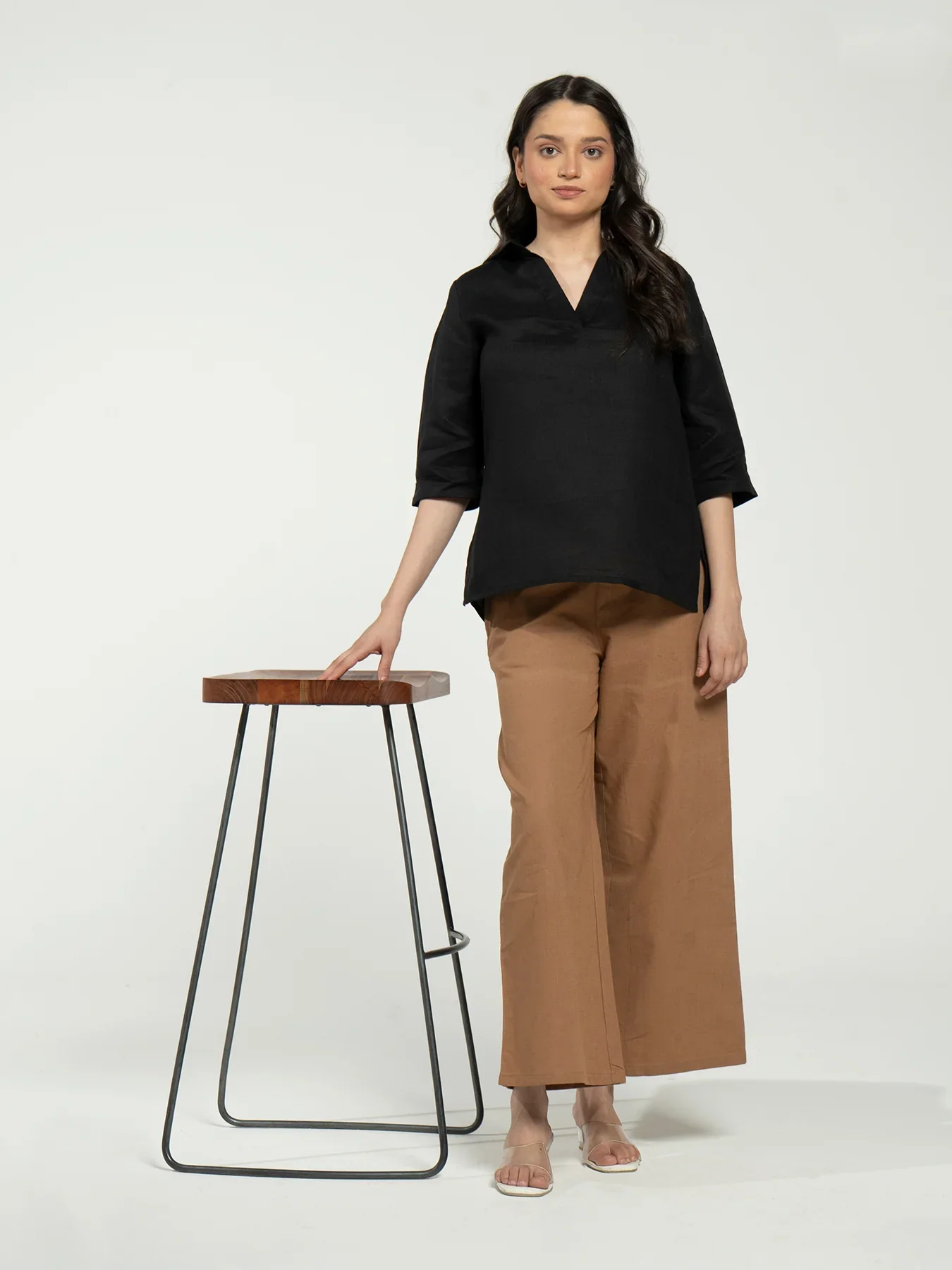 Women Black Pure Linen Collared Shirt Top - Image 13