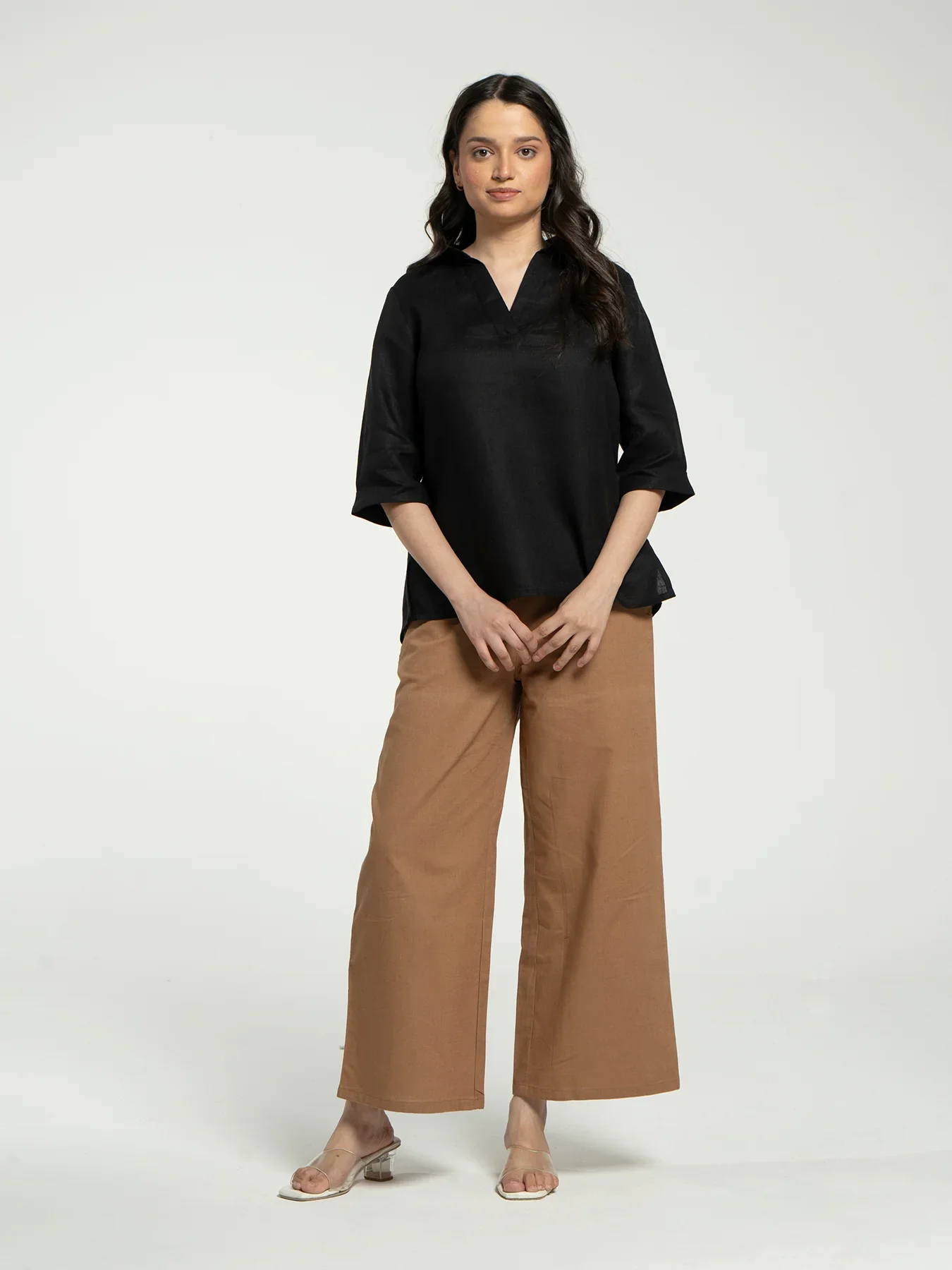 Women Black Pure Linen Collared Shirt Top - Image 3