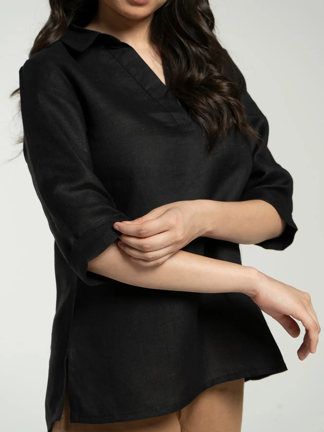 Women Black Pure Linen Collared Shirt Top - Image 5