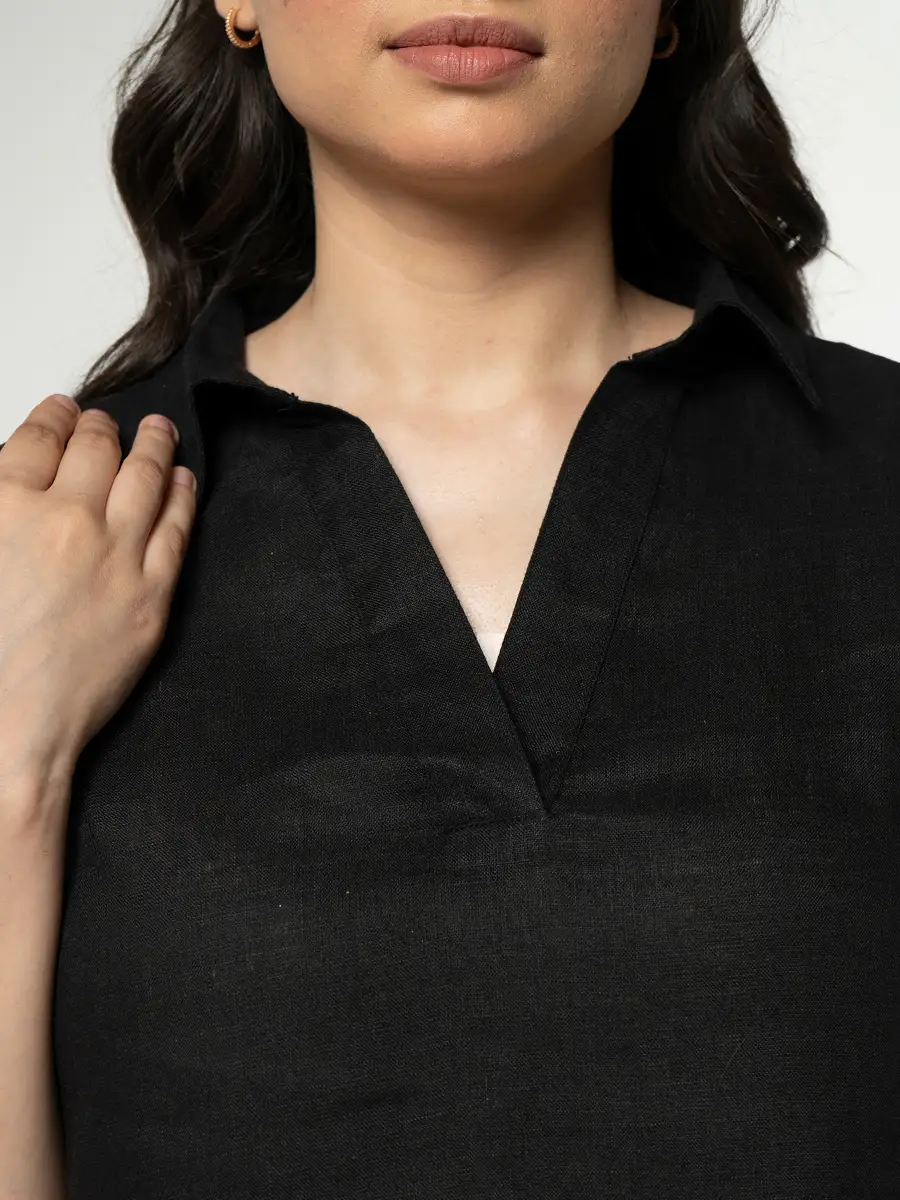 Women Black Pure Linen Collared Shirt Top - Image 8
