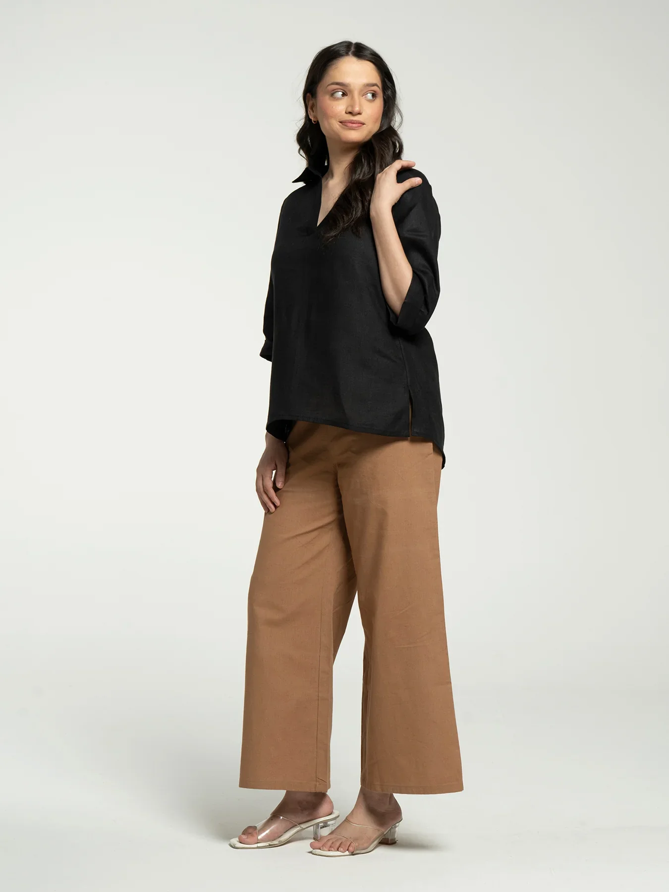 Women Black Pure Linen Collared Shirt Top - Image 9