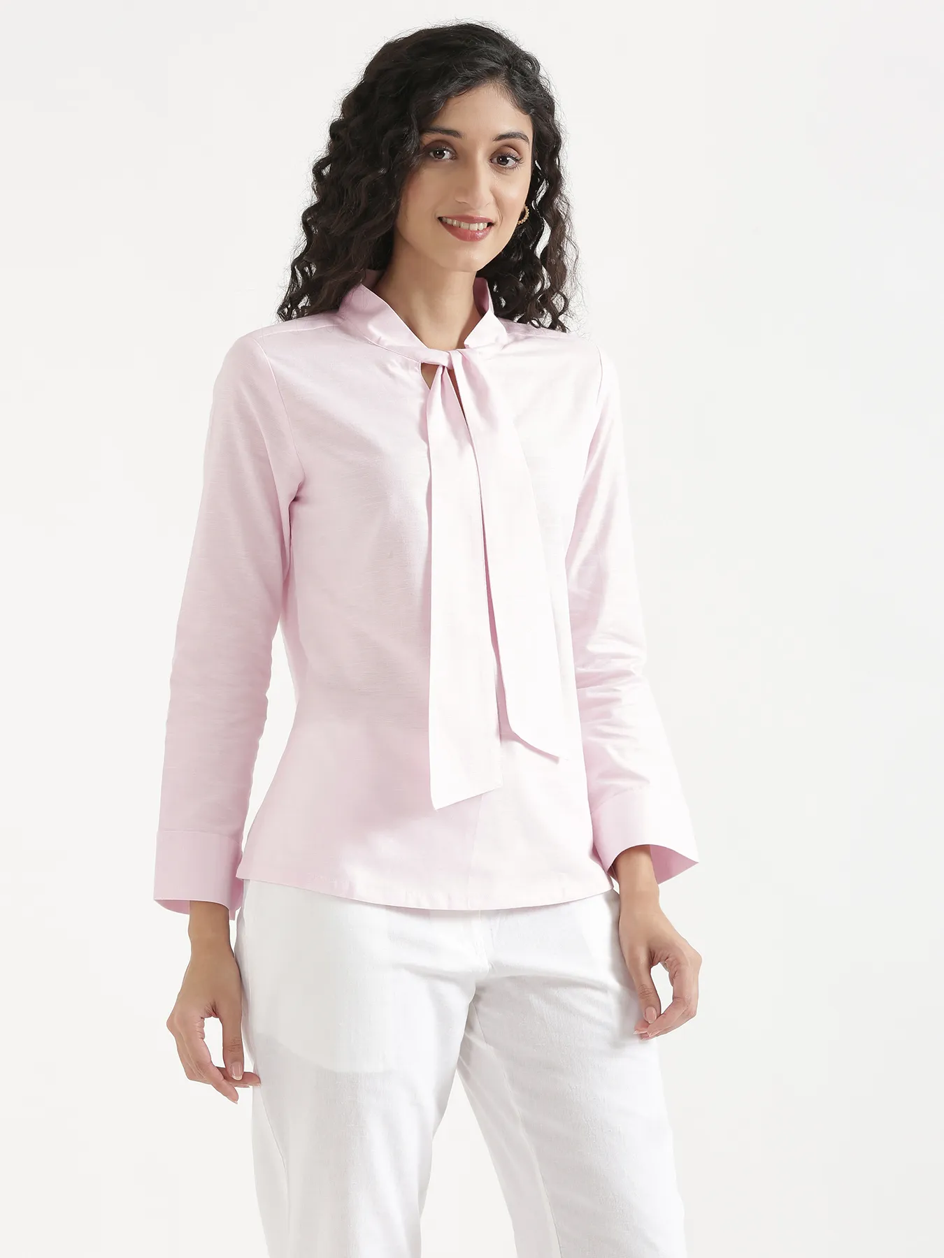 Women Blush Pink Linen Blend Knot Blouse - Image 10