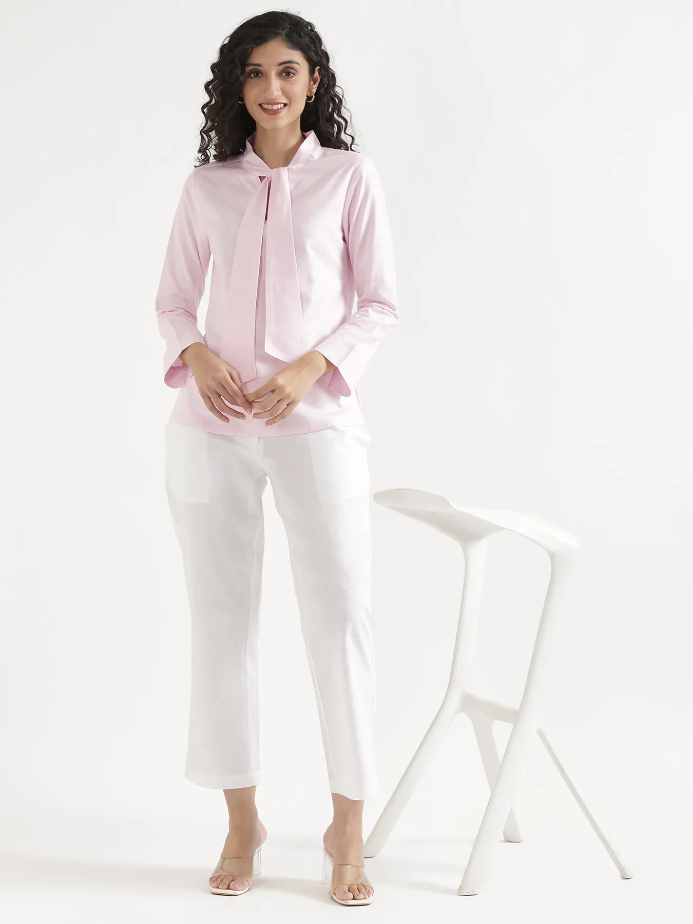 Women Blush Pink Linen Blend Knot Blouse - Image 11