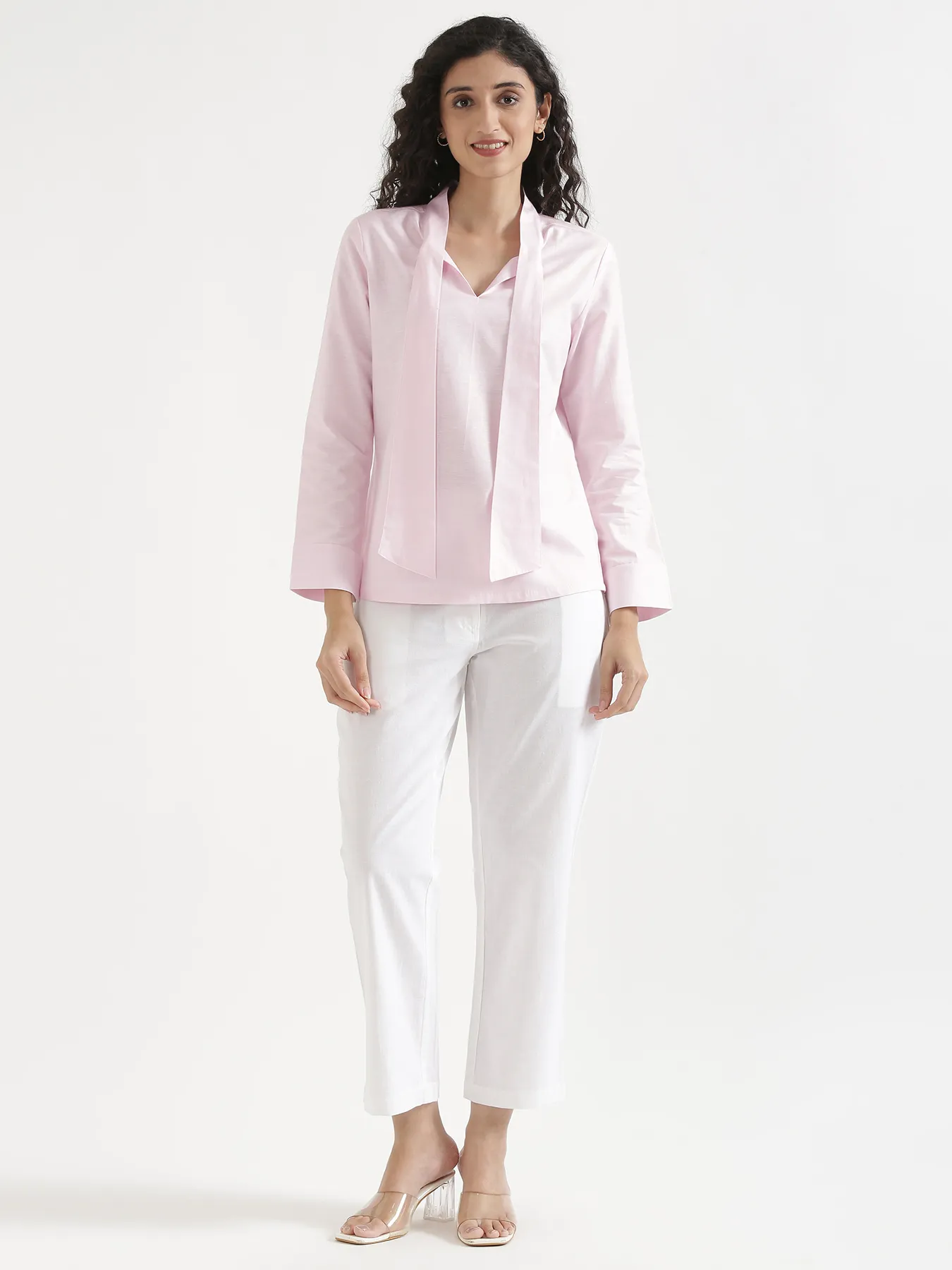 Women Blush Pink Linen Blend Knot Blouse - Image 3