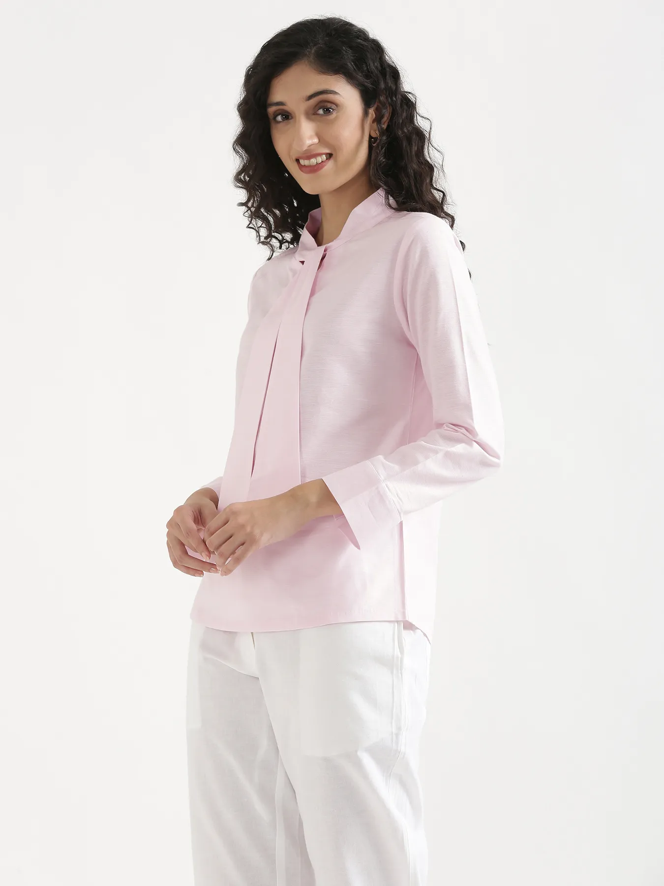 Women Blush Pink Linen Blend Knot Blouse - Image 4