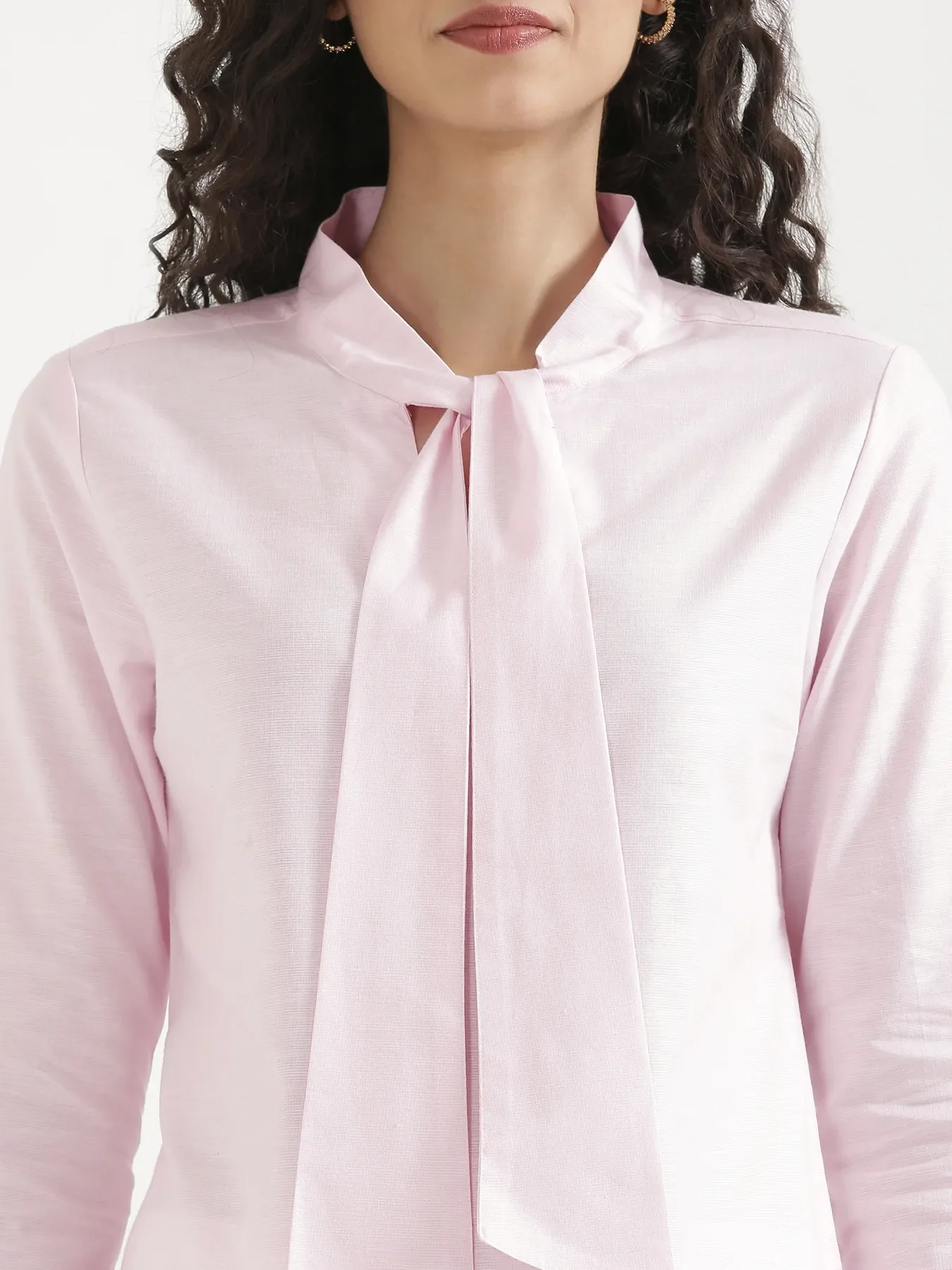 Women Blush Pink Linen Blend Knot Blouse - Image 6