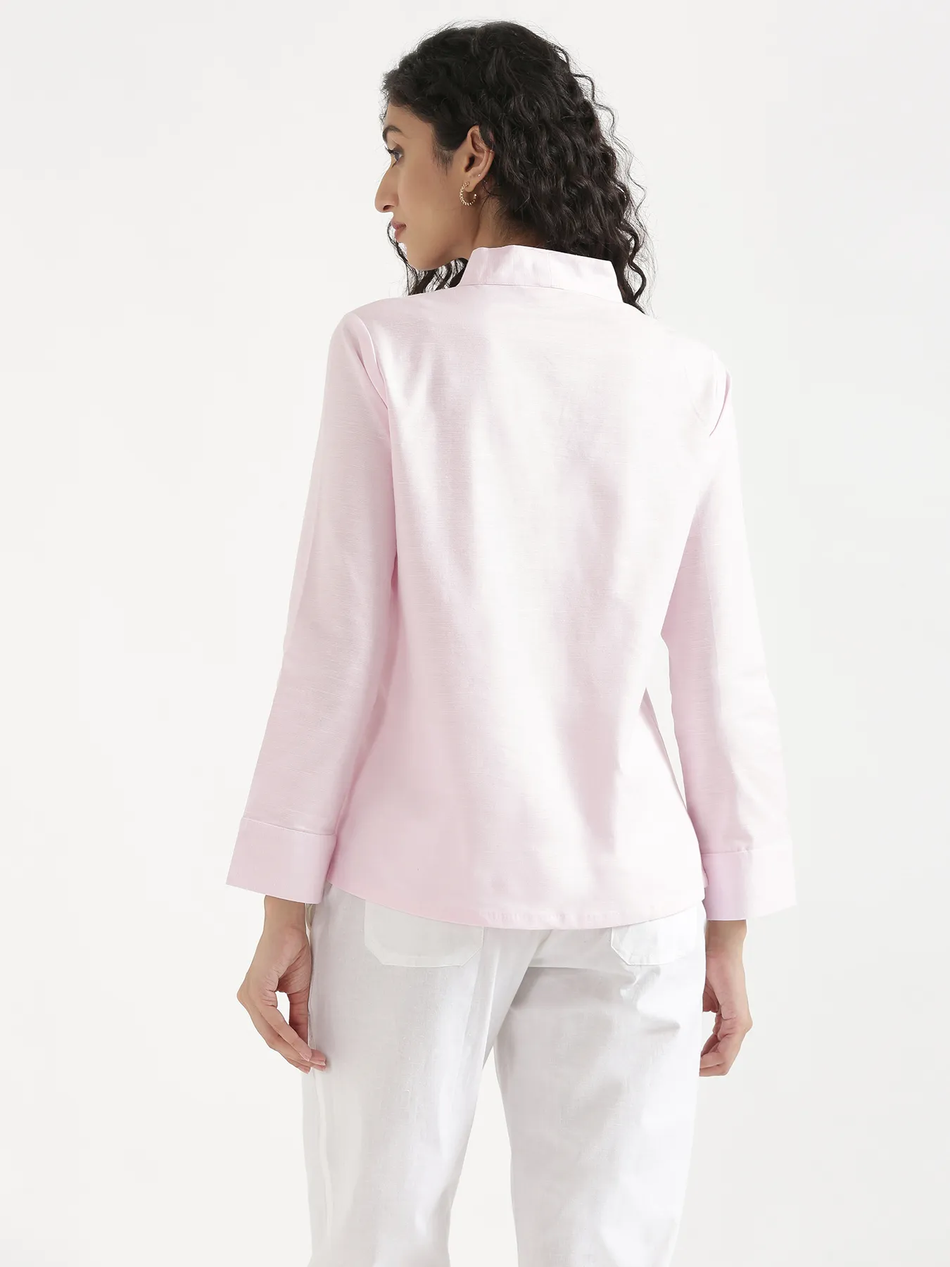 Women Blush Pink Linen Blend Knot Blouse - Image 9