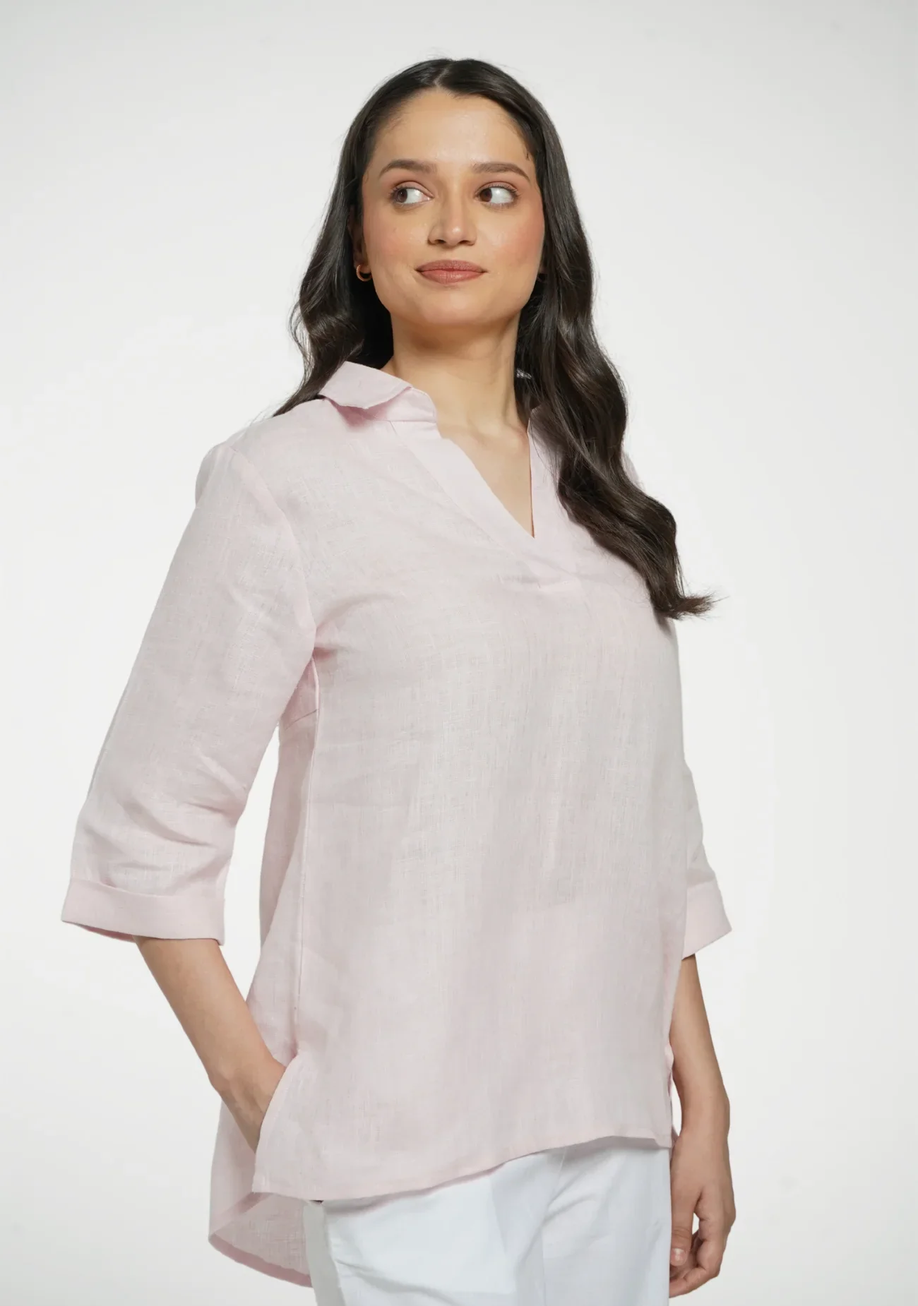 Women Blush Pink Pure Linen Collared Shirt Top - Image 10