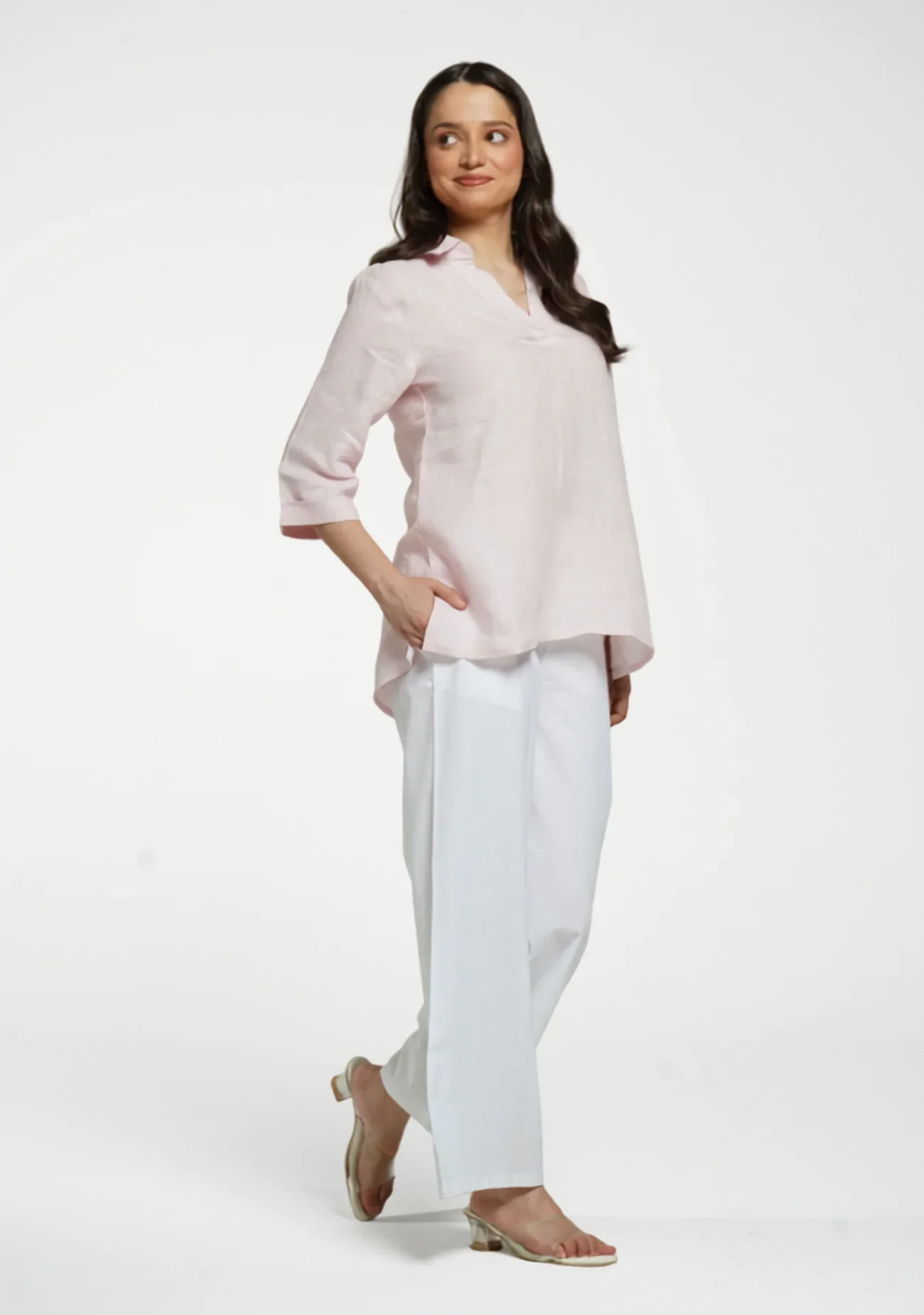 Women Blush Pink Pure Linen Collared Shirt Top - Image 11