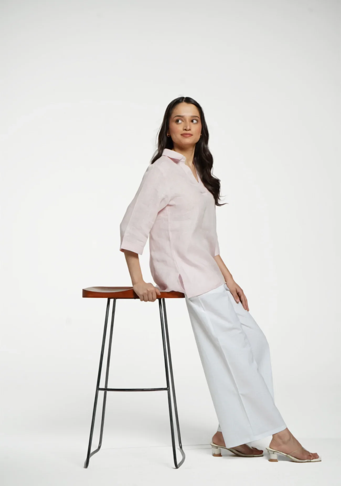 Women Blush Pink Pure Linen Collared Shirt Top - Image 12