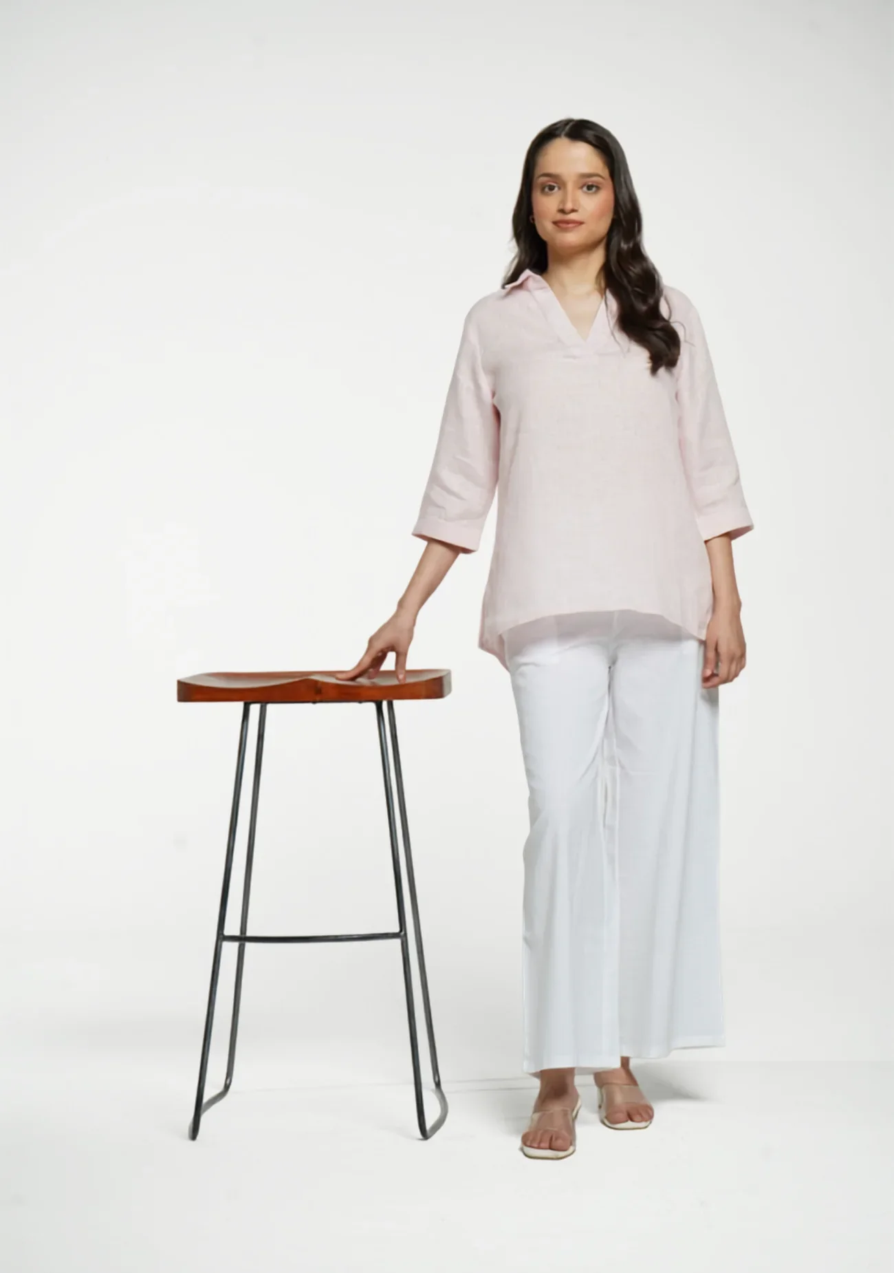 Women Blush Pink Pure Linen Collared Shirt Top - Image 13