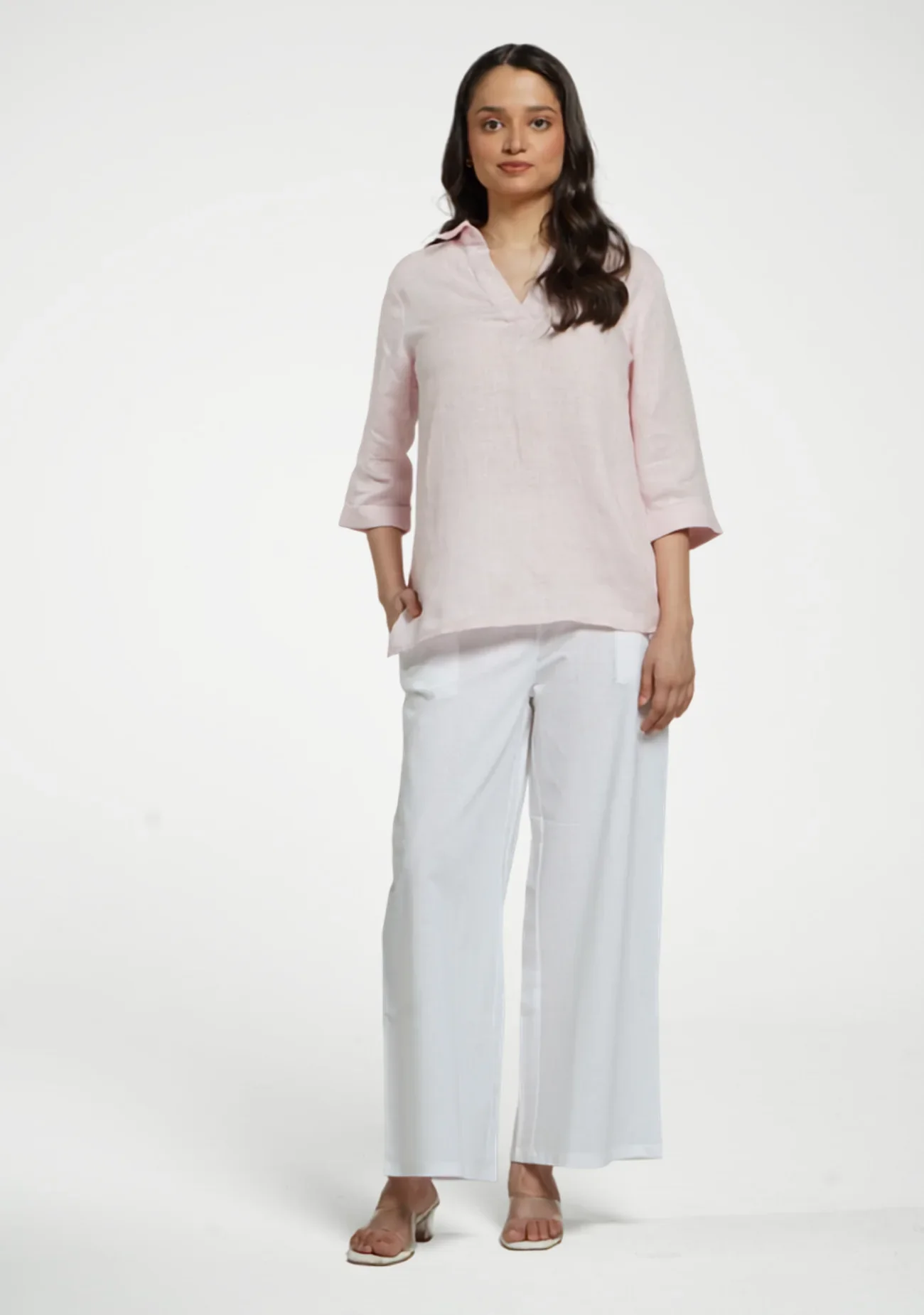 Women Blush Pink Pure Linen Collared Shirt Top - Image 3
