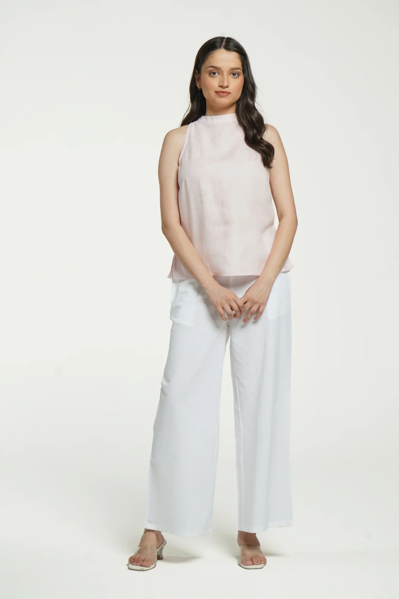 Women Blush Pink Pure Linen Halter Neck Top - Image 3