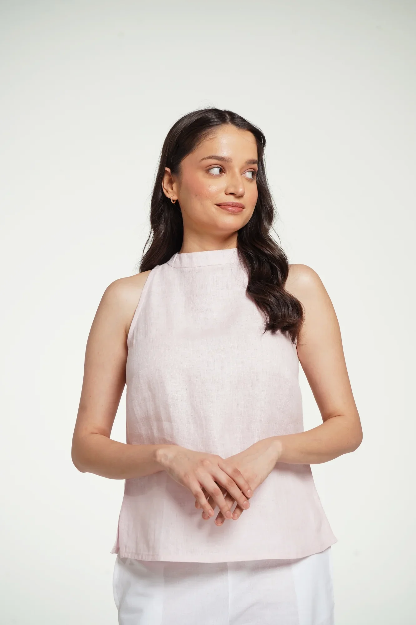 Women Blush Pink Pure Linen Halter Neck Top - Image 5