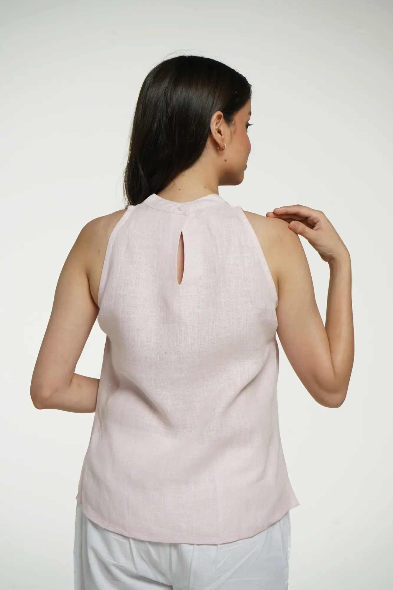 Women Blush Pink Pure Linen Halter Neck Top - Image 7
