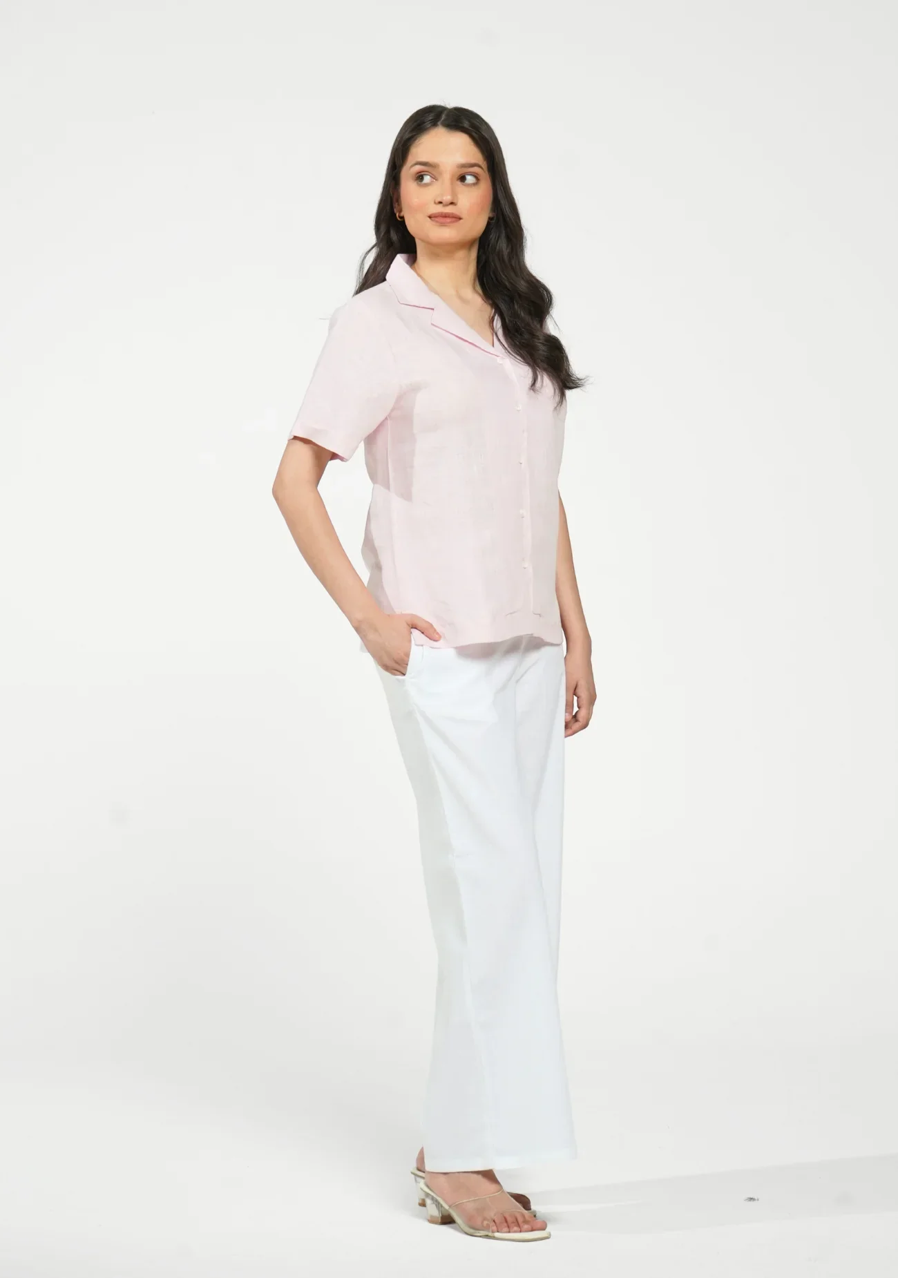 Women Blush Pink Pure Linen Notch Collar Shirt - Image 10