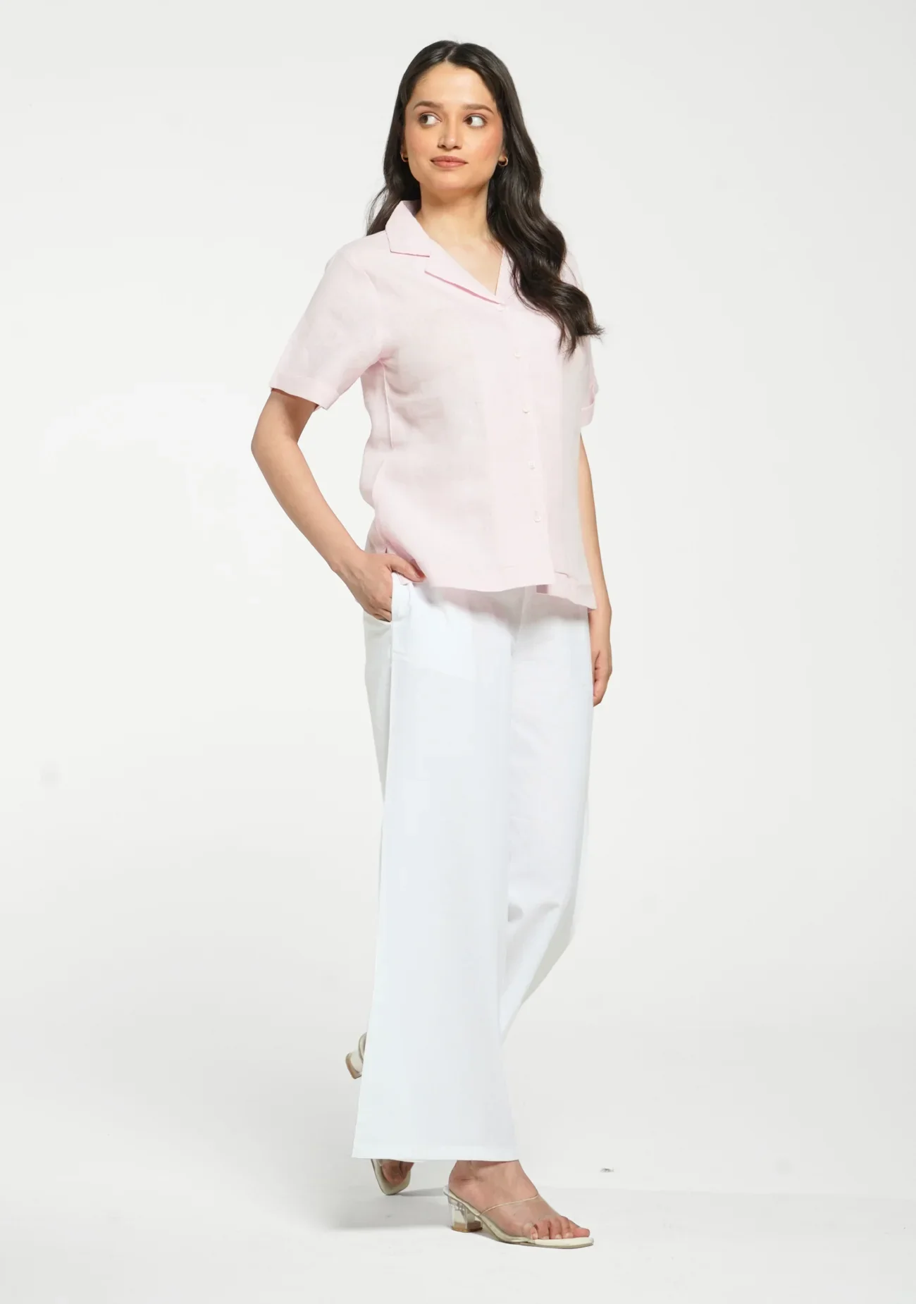 Women Blush Pink Pure Linen Notch Collar Shirt - Image 11