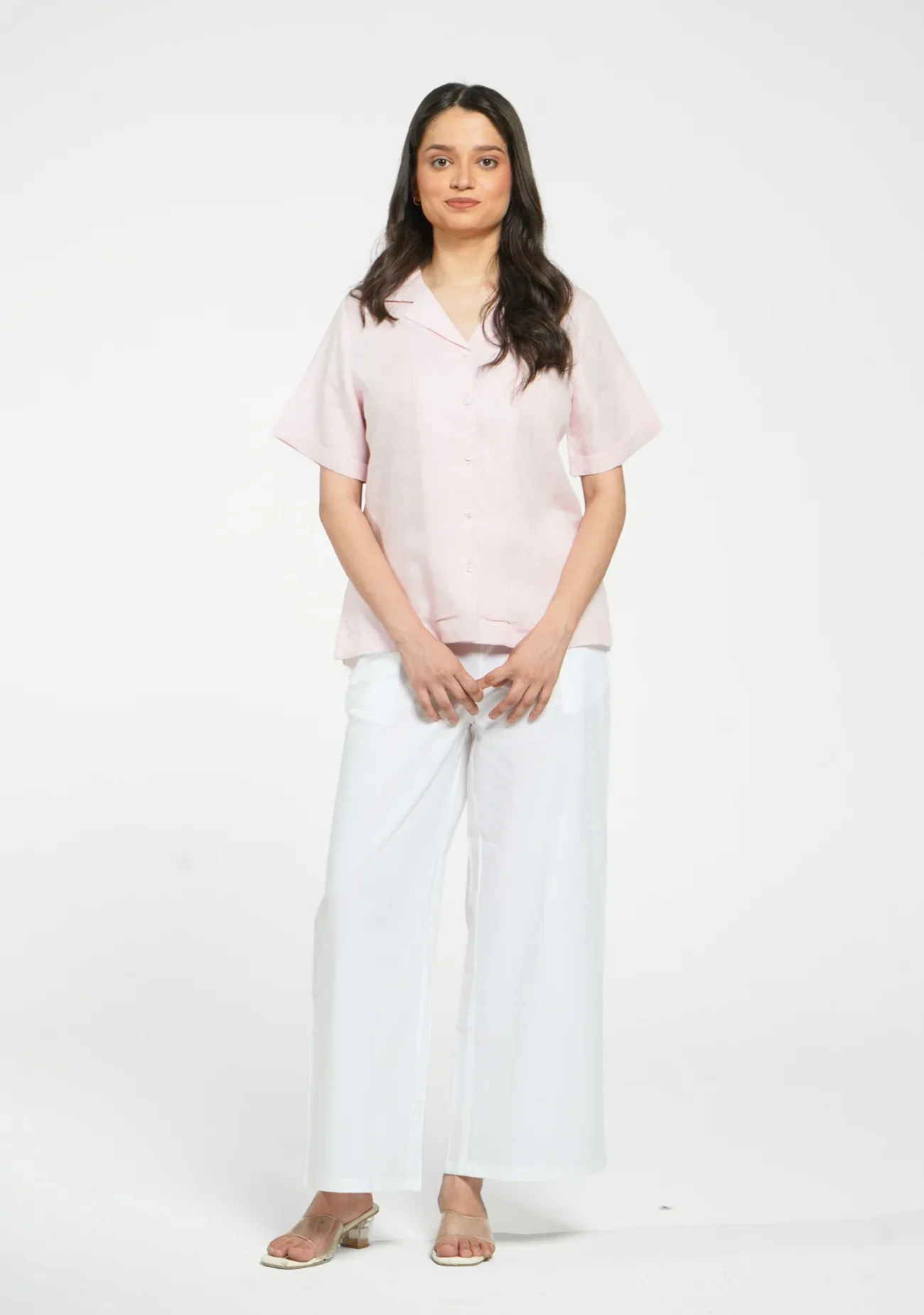 Women Blush Pink Pure Linen Notch Collar Shirt - Image 3