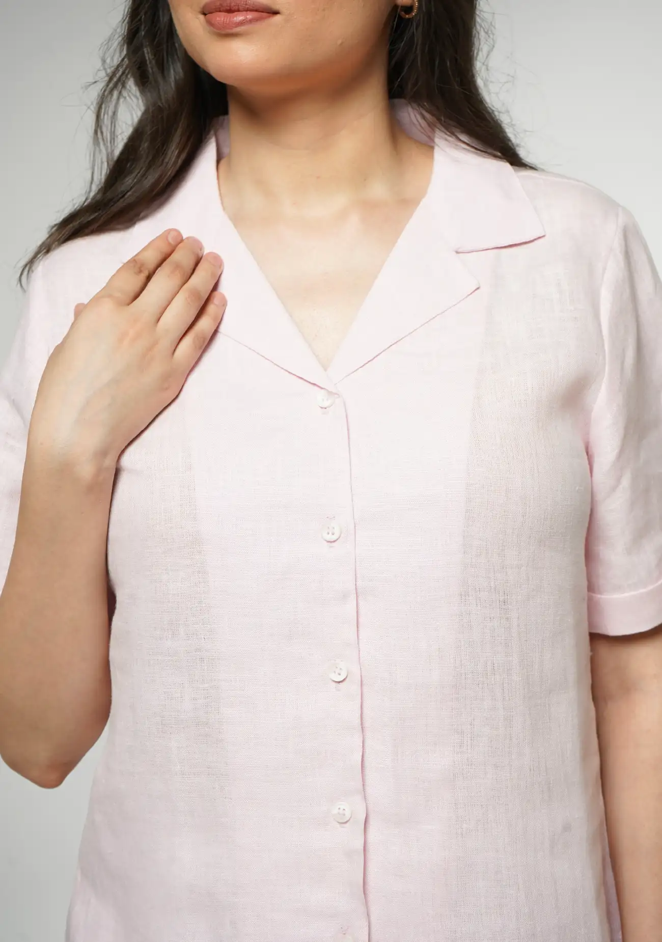 Women Blush Pink Pure Linen Notch Collar Shirt - Image 4