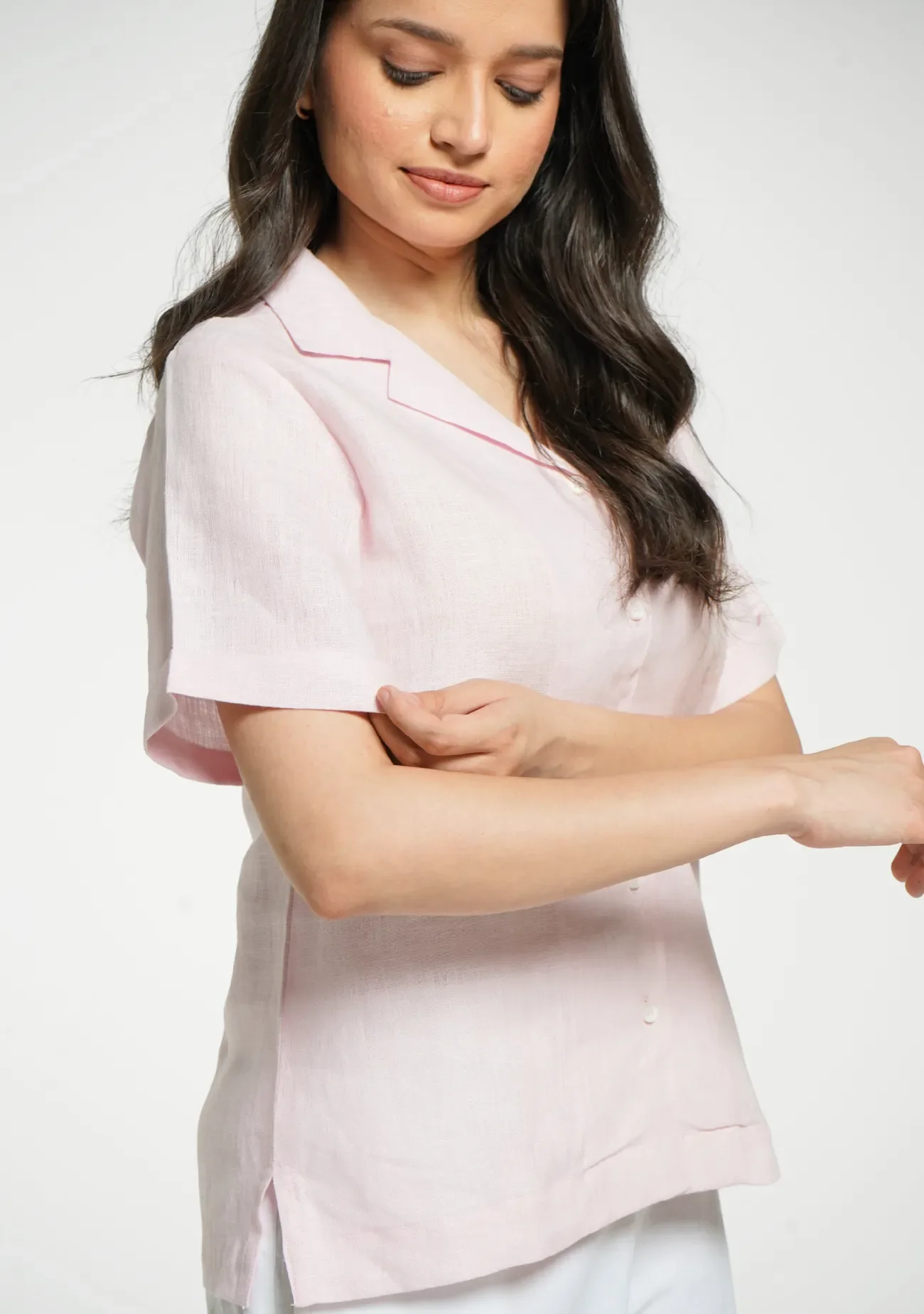 Women Blush Pink Pure Linen Notch Collar Shirt - Image 5