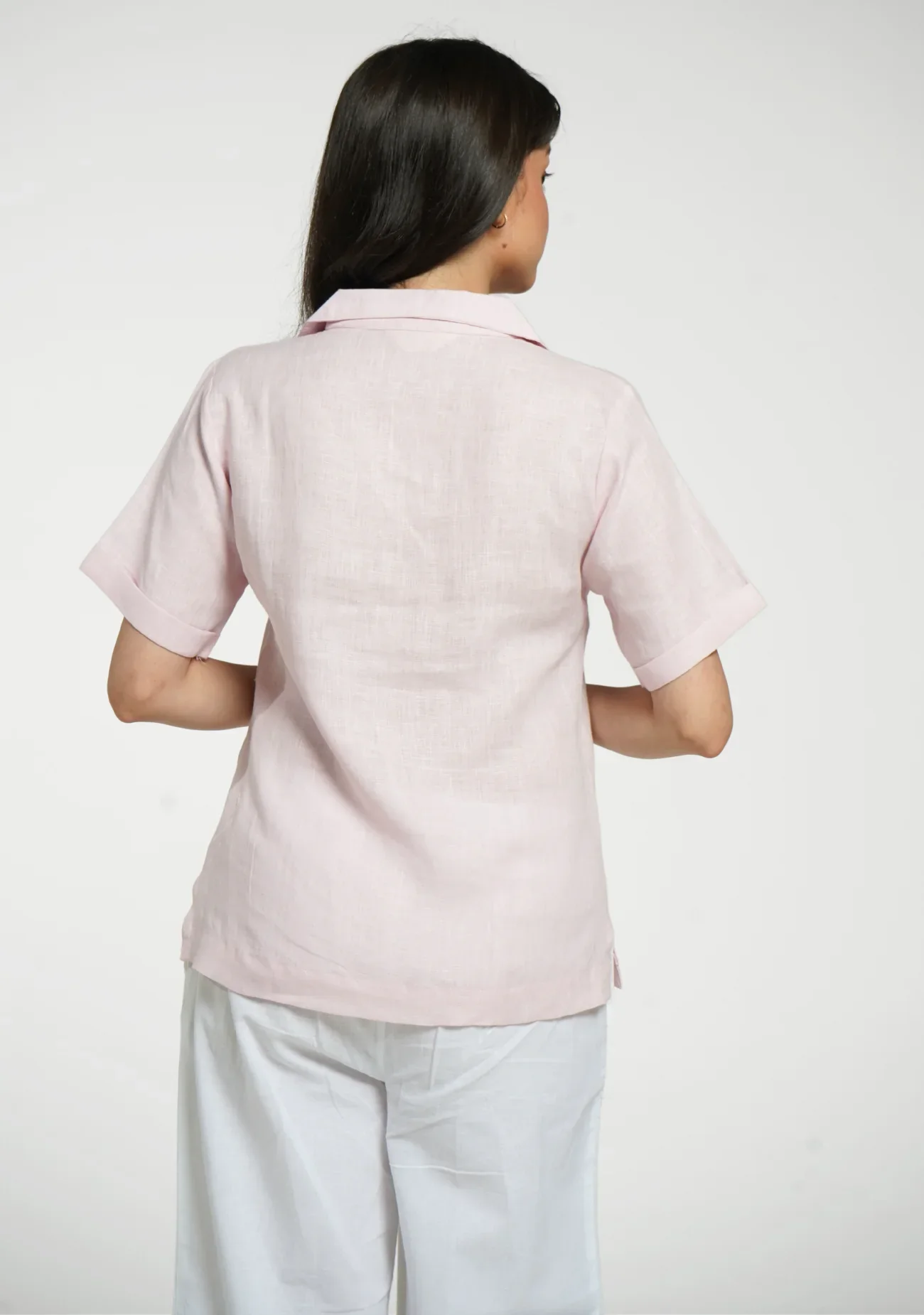 Women Blush Pink Pure Linen Notch Collar Shirt - Image 6