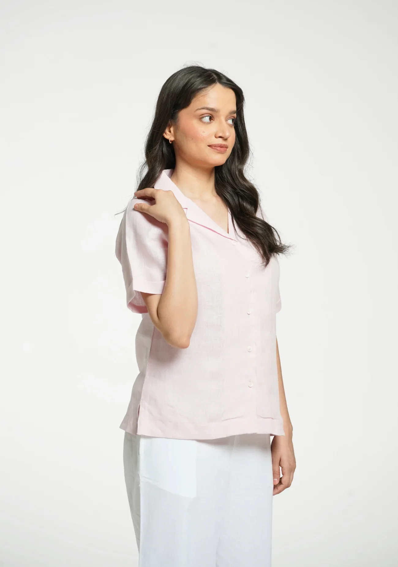 Women Blush Pink Pure Linen Notch Collar Shirt - Image 7