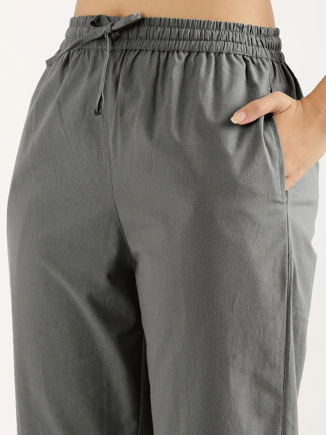 Women Cement Grey Cotton Straight Pant - Image 6