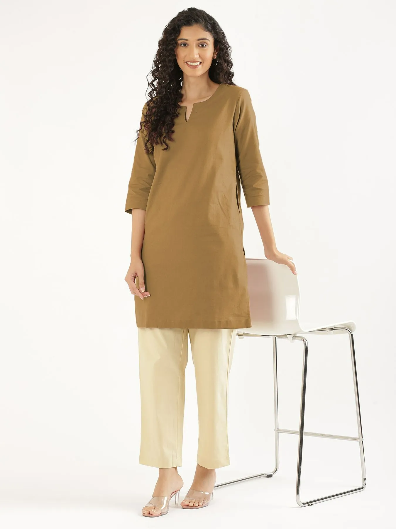 Women Coffee Brown Airy Linen Mid Thigh Length Kurta - Image 9