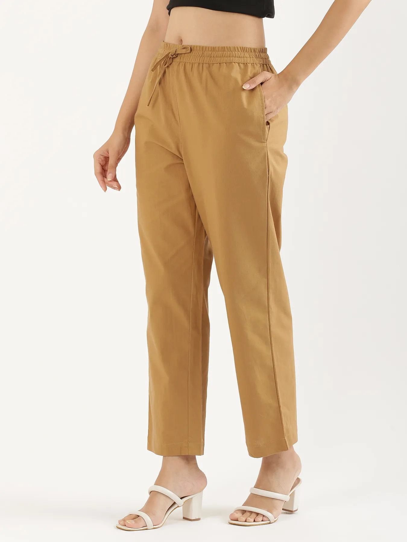 Women Coffee Brown Cotton Straight Pant - Image 4