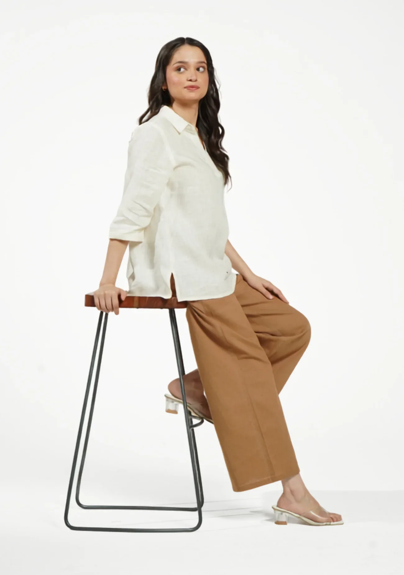 Women Cream Pure Linen Collared Shirt Top - Image 10