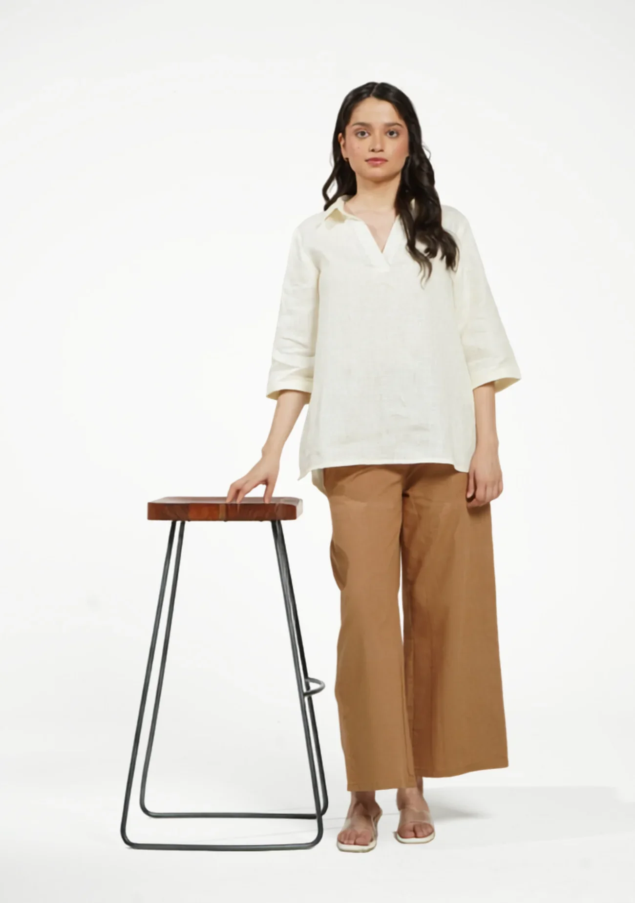 Women Cream Pure Linen Collared Shirt Top - Image 3