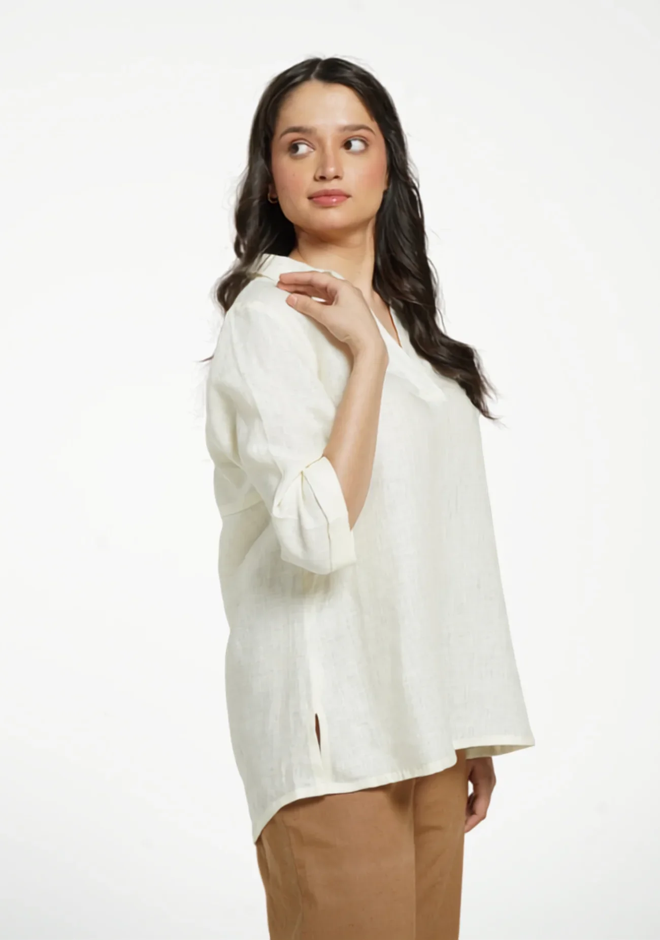 Women Cream Pure Linen Collared Shirt Top - Image 4