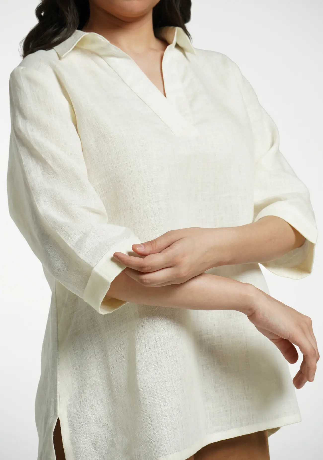 Women Cream Pure Linen Collared Shirt Top - Image 5