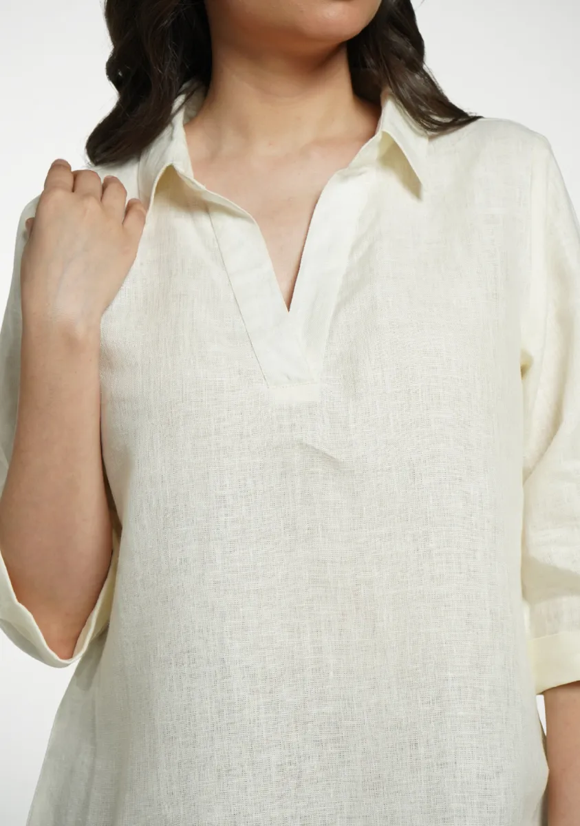 Women Cream Pure Linen Collared Shirt Top - Image 6