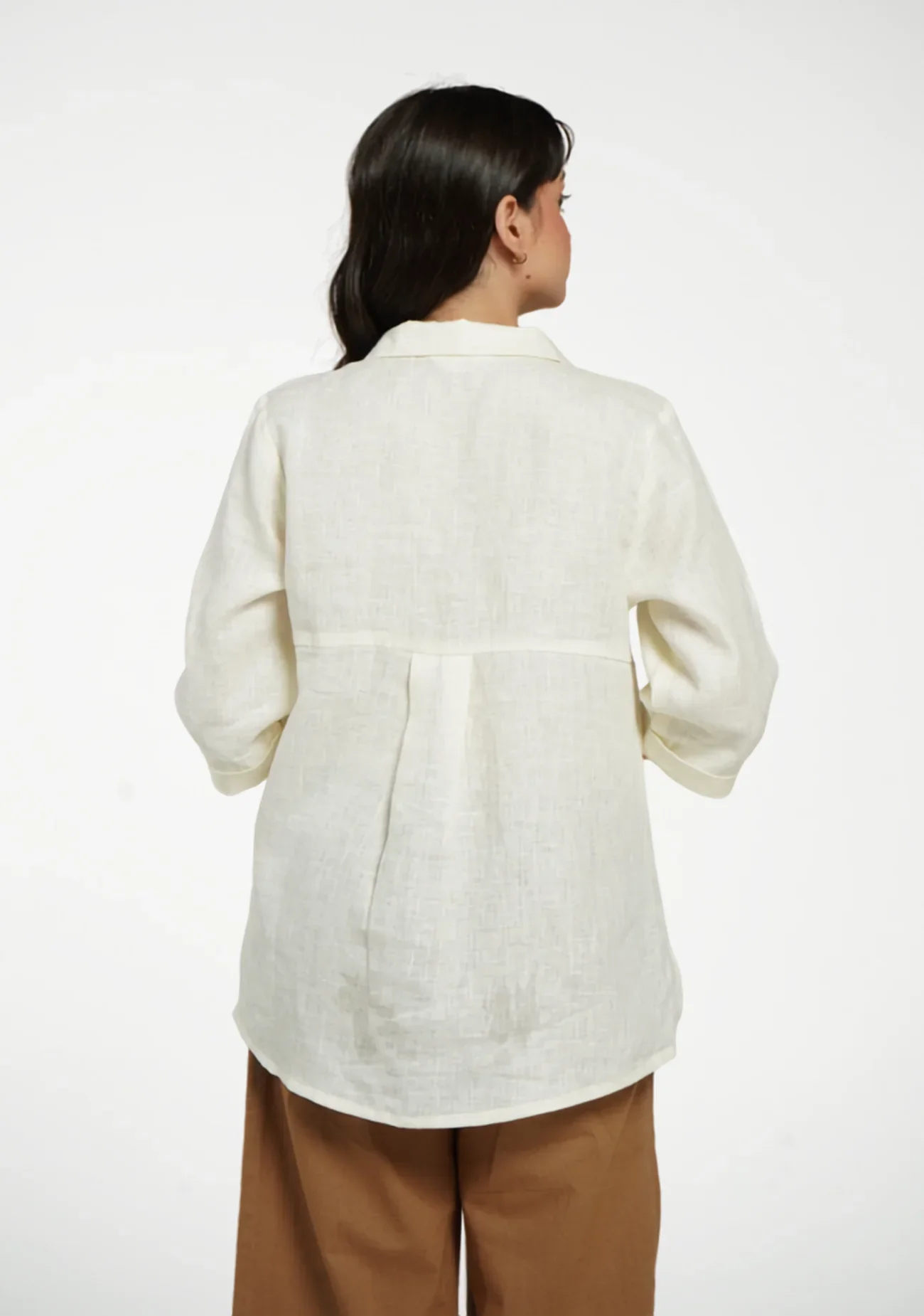Women Cream Pure Linen Collared Shirt Top - Image 7