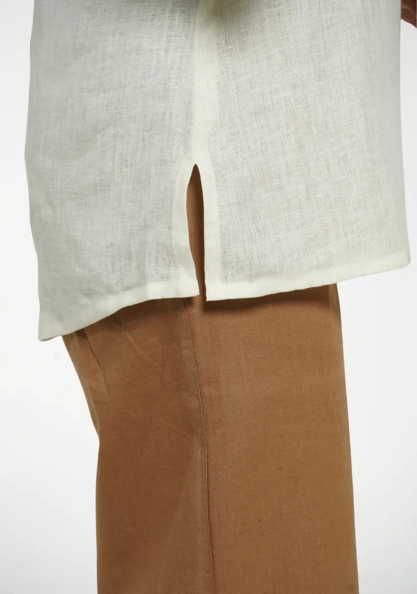 Women Cream Pure Linen Collared Shirt Top - Image 8
