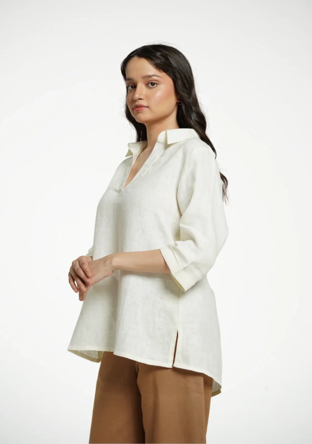Women Cream Pure Linen Collared Shirt Top - Image 9