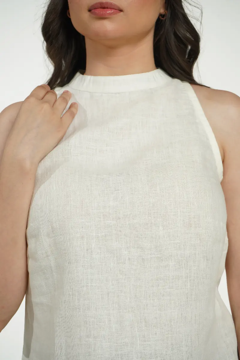 Women Cream Pure Linen Halter Neck Top - Image 6