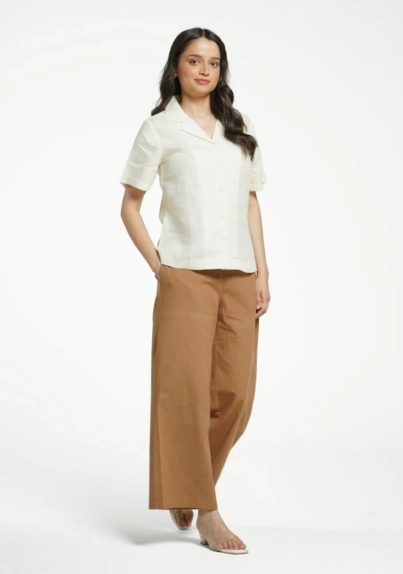 Women Cream Pure Linen Notch Collar Shirt - Image 10