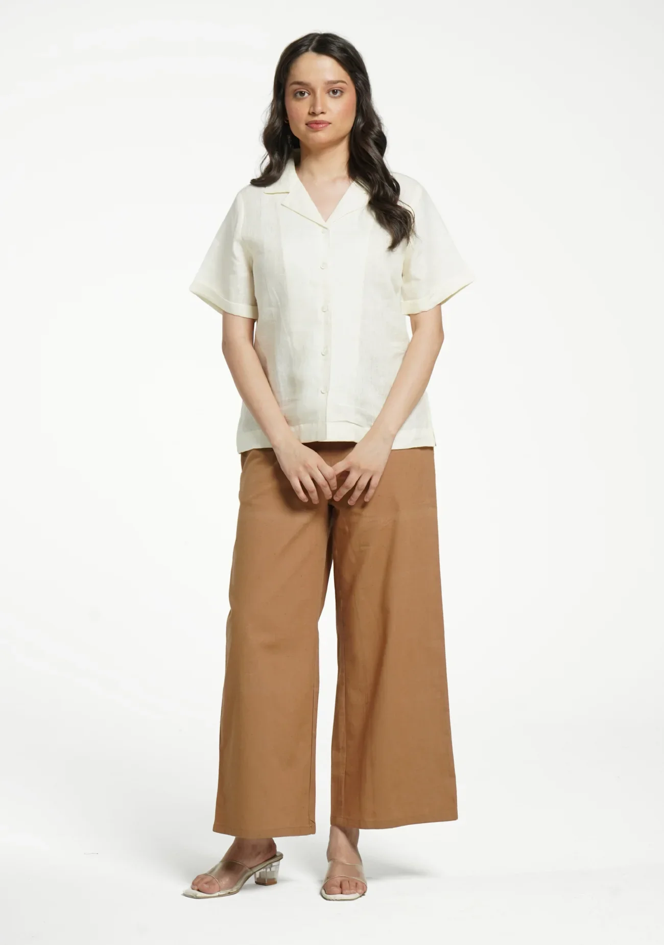 Women Cream Pure Linen Notch Collar Shirt - Image 11