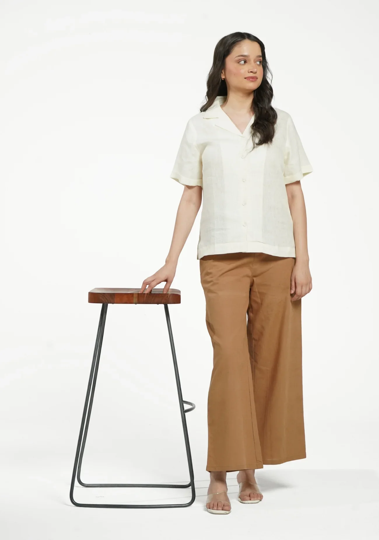 Women Cream Pure Linen Notch Collar Shirt - Image 12