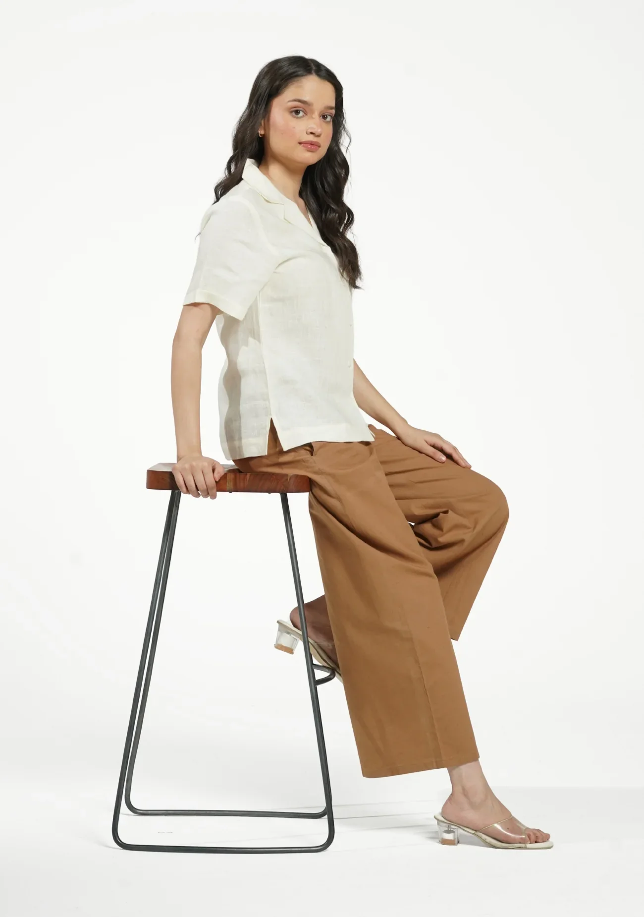 Women Cream Pure Linen Notch Collar Shirt - Image 13