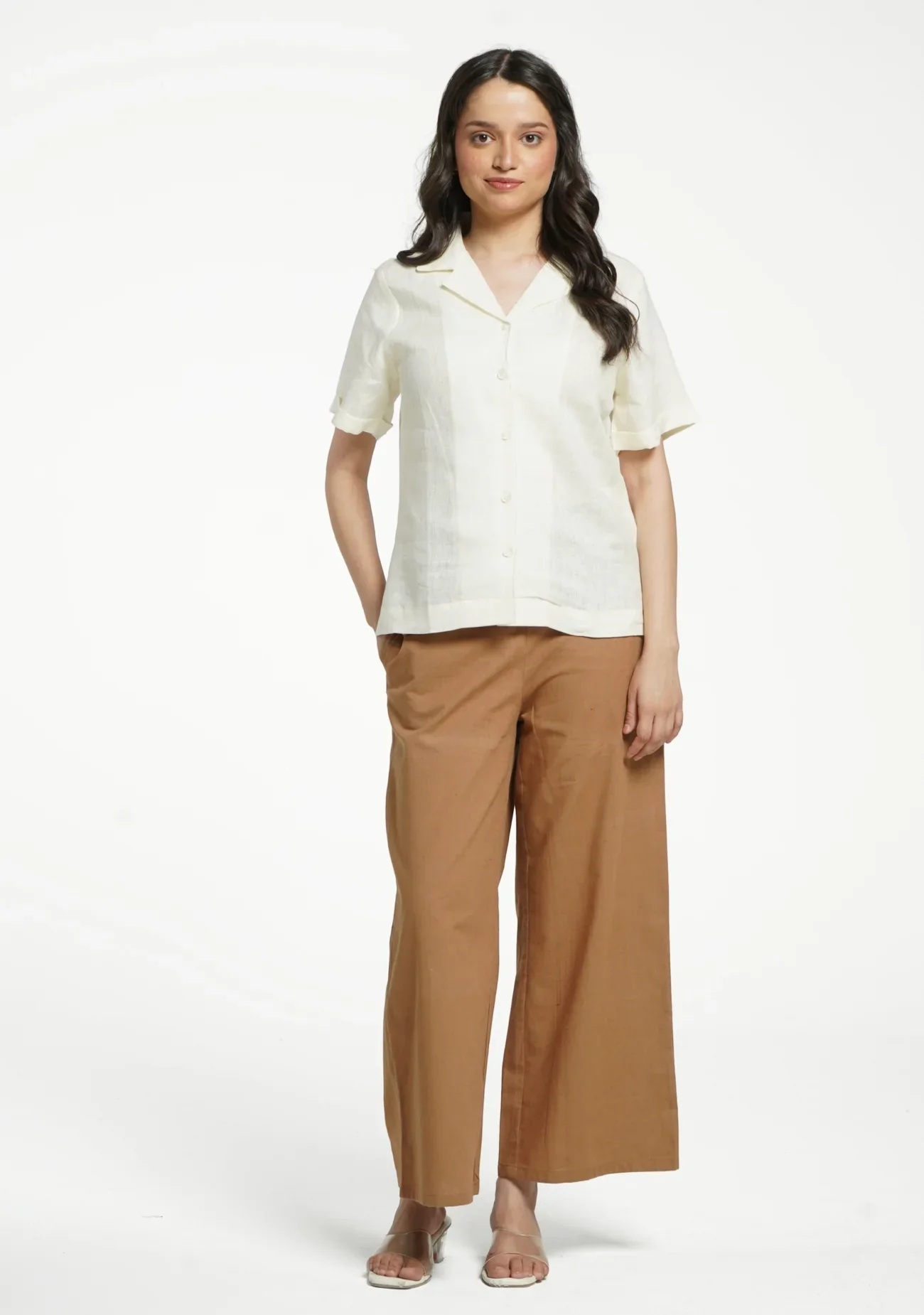 Women Cream Pure Linen Notch Collar Shirt - Image 3