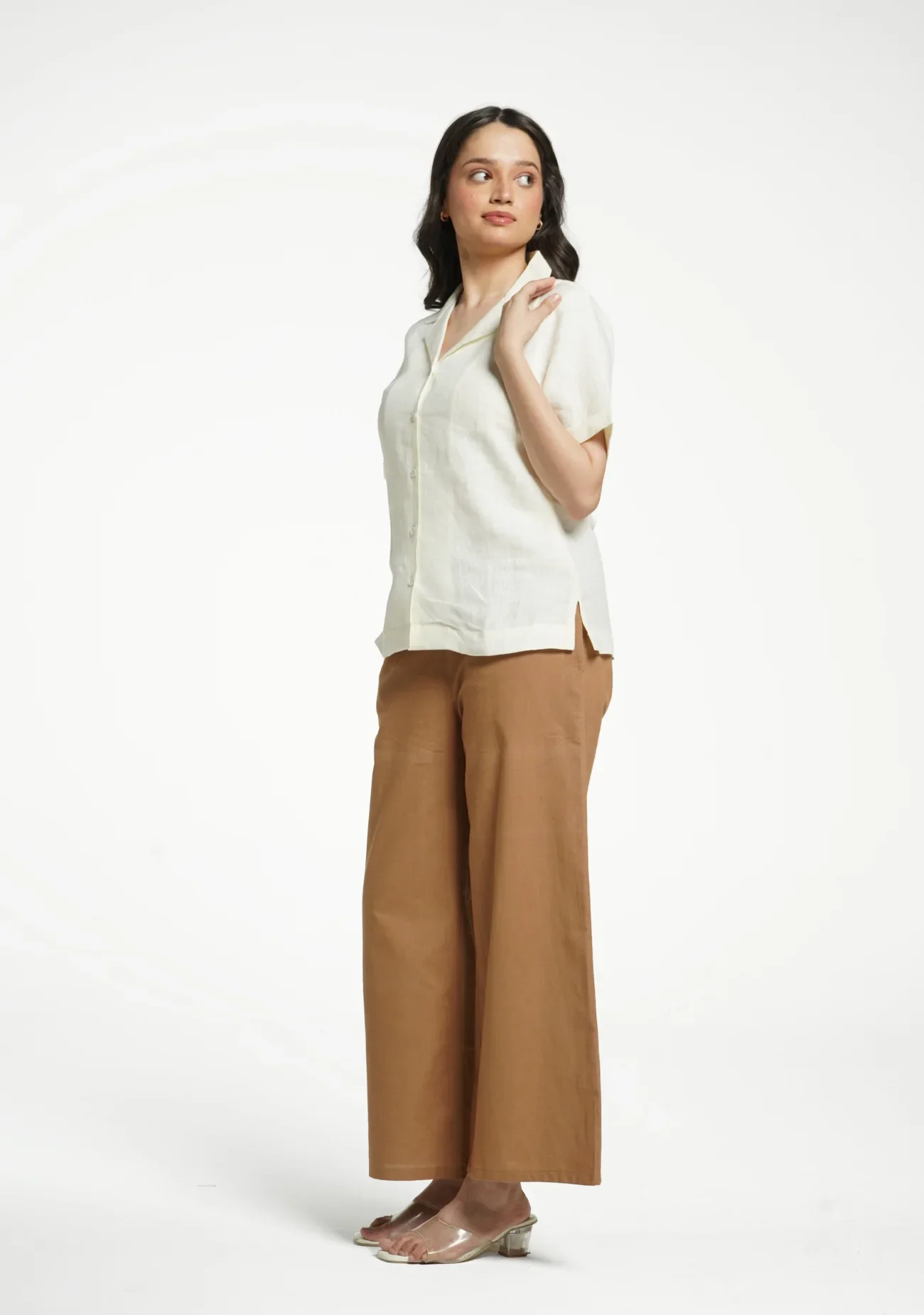 Women Cream Pure Linen Notch Collar Shirt - Image 6