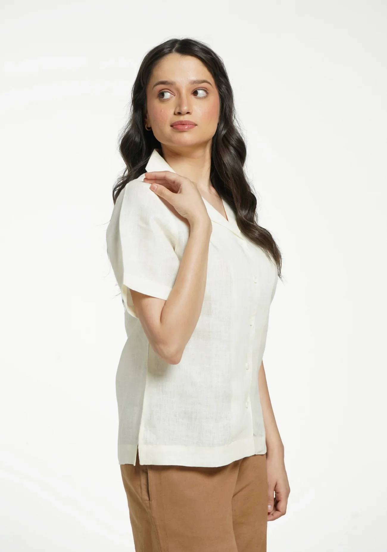 Women Cream Pure Linen Notch Collar Shirt - Image 8