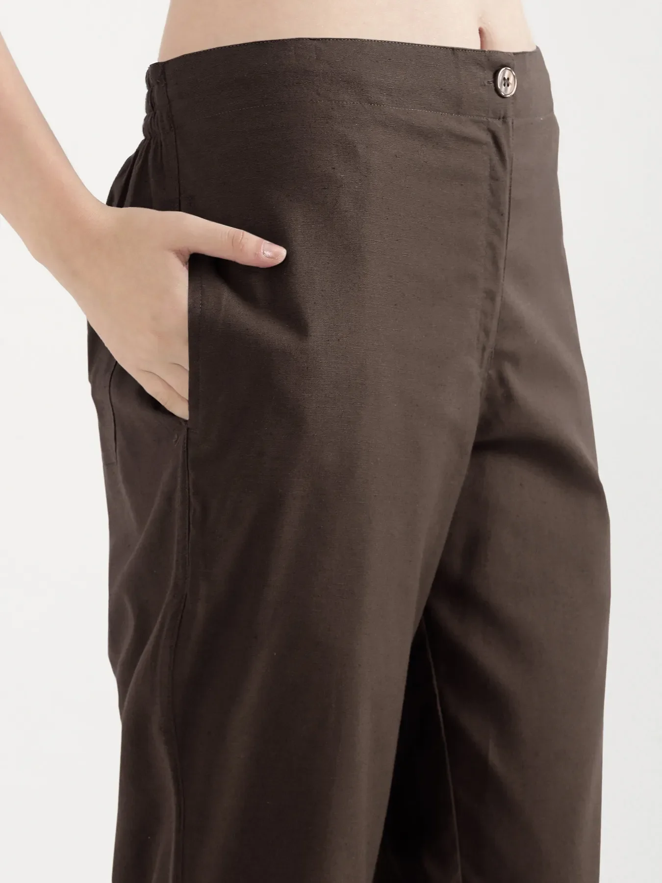 Women Dark Brown Airy Linen Straight Pants - Image 10