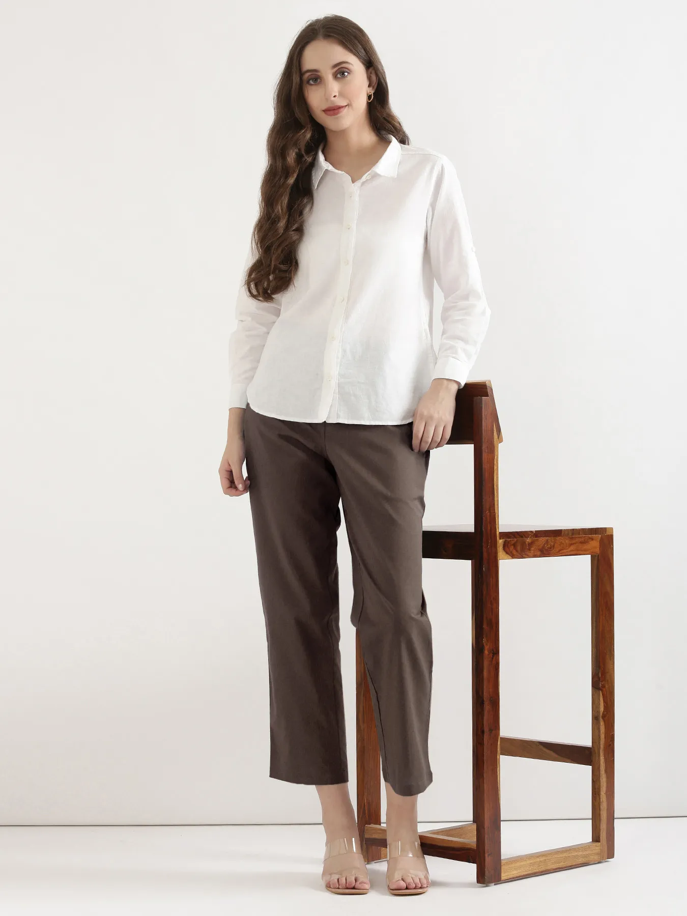 Women Dark Brown Airy Linen Straight Pants - Image 12