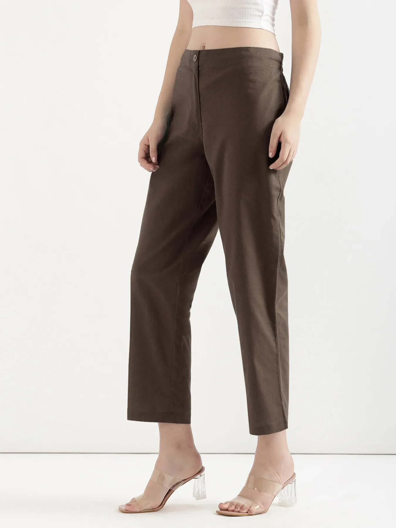 Women Dark Brown Airy Linen Straight Pants - Image 5